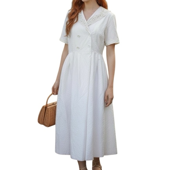 Laura Ashley Dresses & Skirts - Vintage Laura Ashley 14 Dress Cream Cotton Linen Cottagecore Wedding Boho